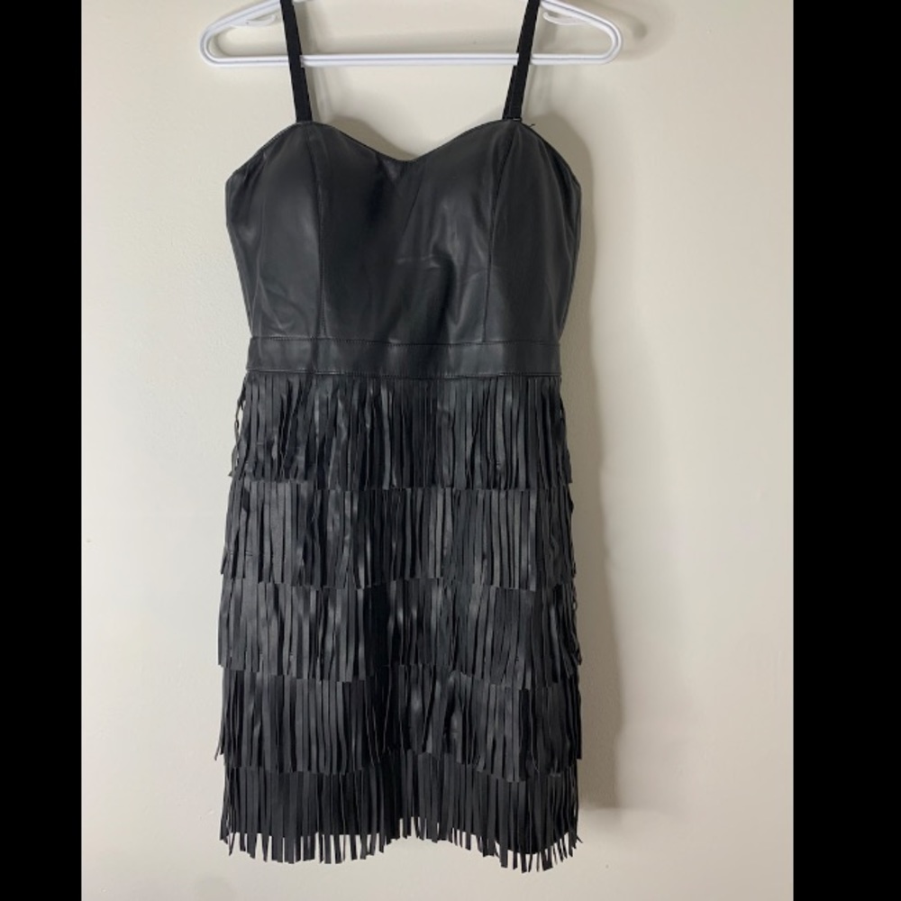 G by Guess Black Faux Leather Fringe Mini Dress